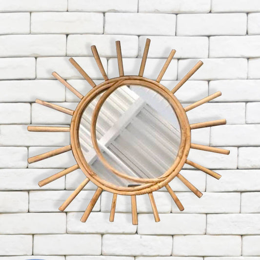 25" Handmade Boho Sun Shape Rattan Cane Wall Mirror